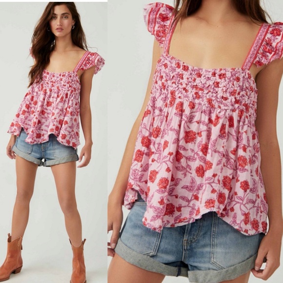Free People Pink Floral Smock Babydoll Tank Top with Ruffle Sleeves - Picture 10 of 10